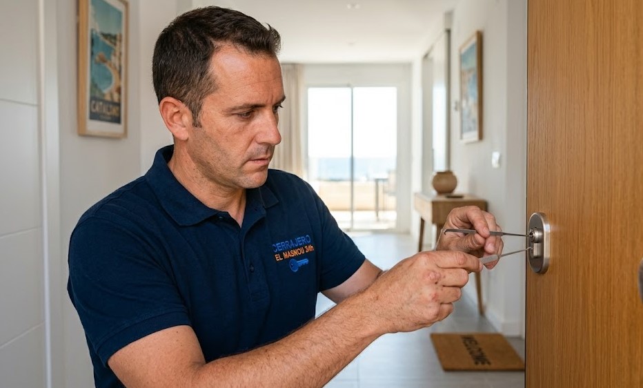 Cerrajero instalando bombín de seguridad en apartamento